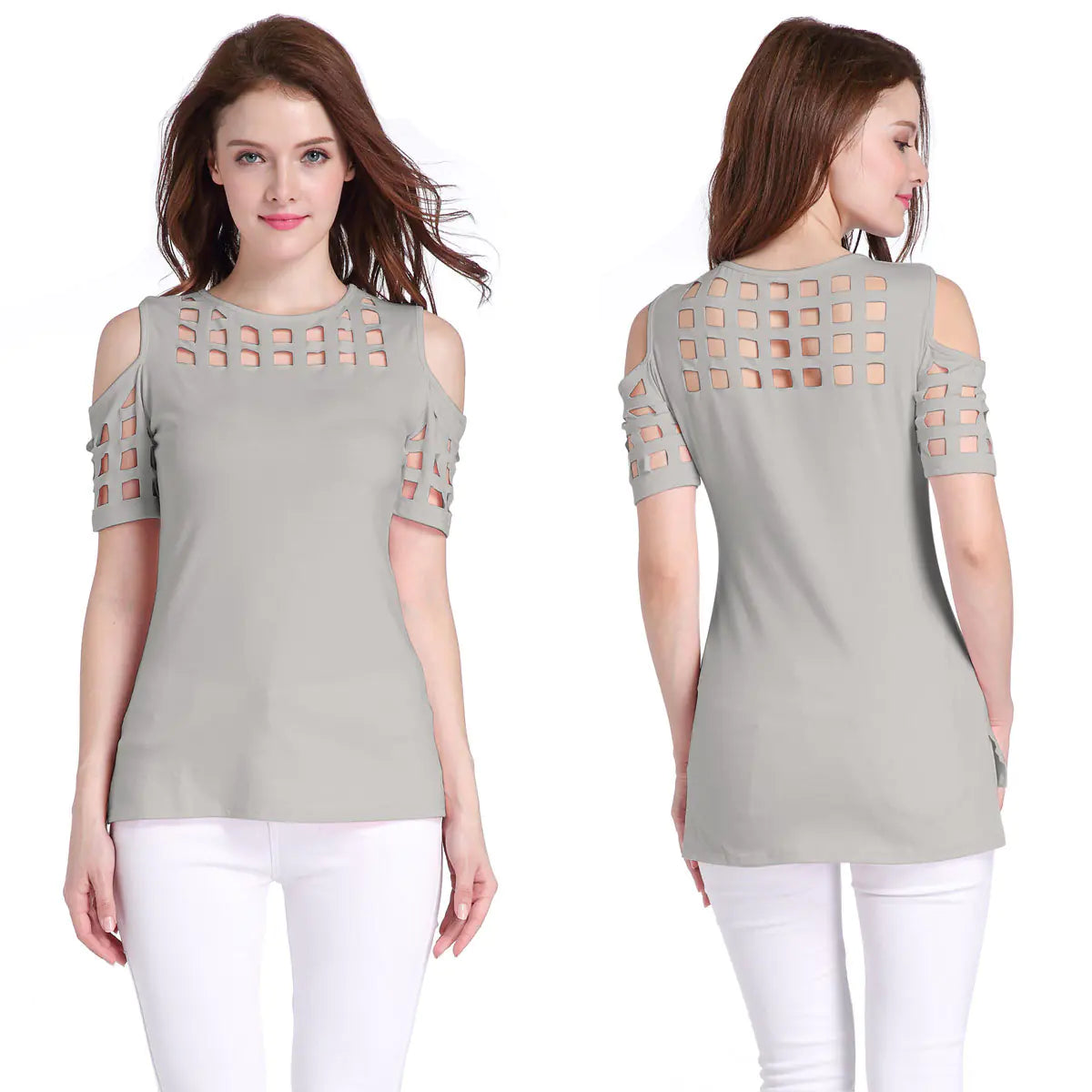 Checked Off-Shoulder Short Sleeve Fitted T-Shirt