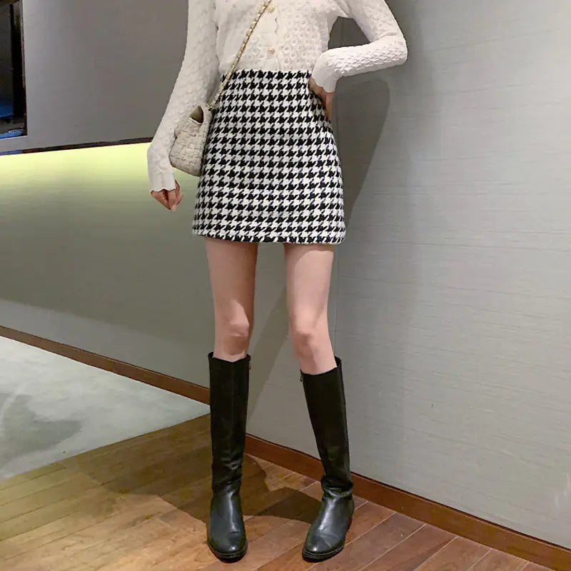 Houndstooth Check A-line Woolen Skirt for Women