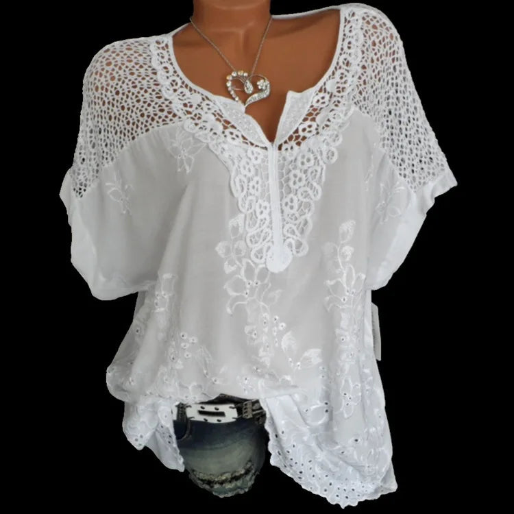 Loose Short-Sleeved Lace Women Blouses