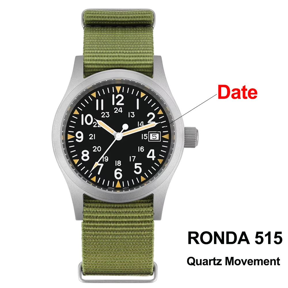 Militado ML05 38mm Military Field Watch VH31 Sweep Quartz Movement Domed Sapphire Crystal Waterproof 100M Super Luminous Watches