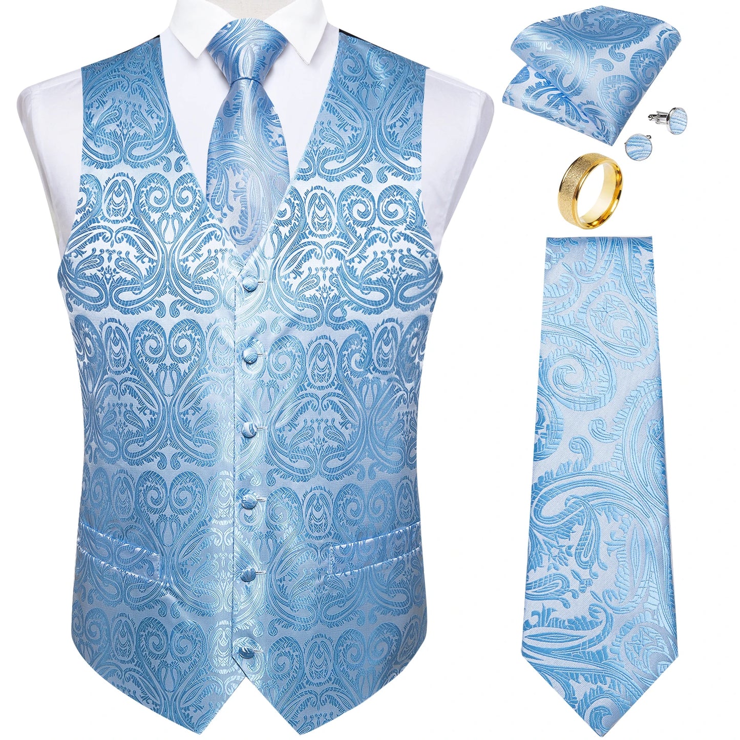 Fashion Green Paisley Vest for Man Business Festival Dress Fit Men's Waistcoat Luxury Silk Necktie Pocket Square Cufflinks Ring