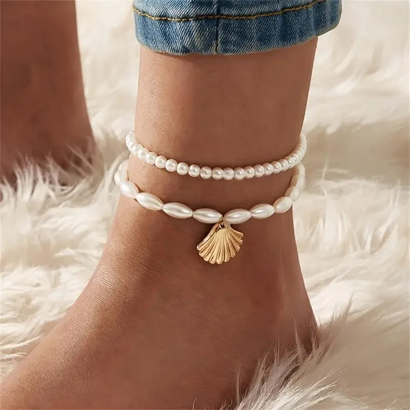 3pcs Retro Pearl Beads Anklet for Women Fashion Handmade Shell Butterfly On Foot Bracelet Bohemian Summer Beach Jewelry Gifts