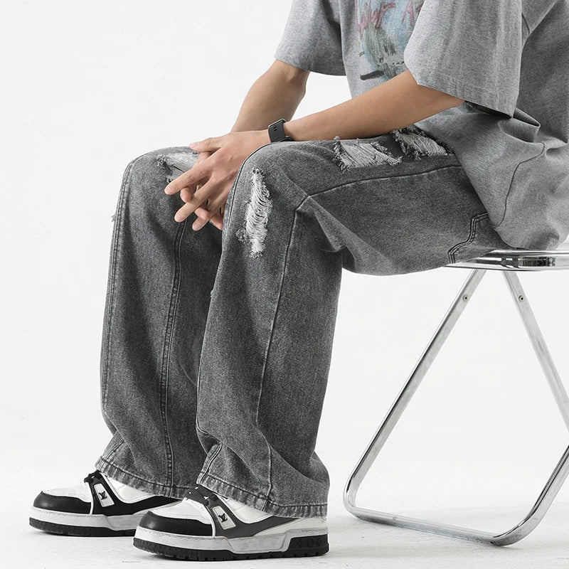 Men's Summer Ripped Jeans Loose Straight Leg Retro Men Draw Rope Port Fashion Brand All-match Casual Pants