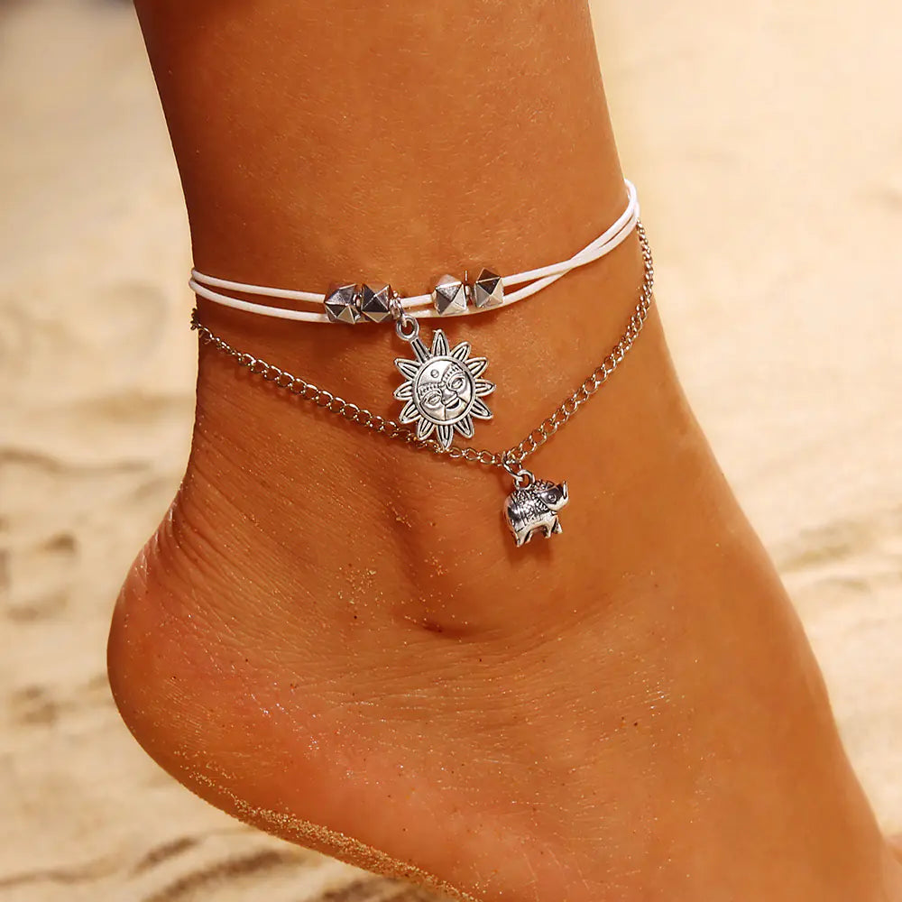 Bohemian Alloy Elephant Sun Three-Layer Beaded Anklet