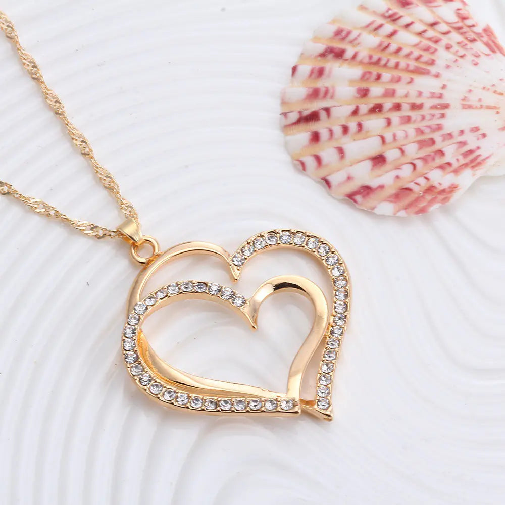 Double Heart Earrings and Necklace Wedding Set