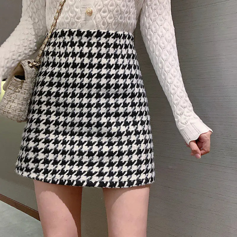 Houndstooth Check A-line Woolen Skirt for Women