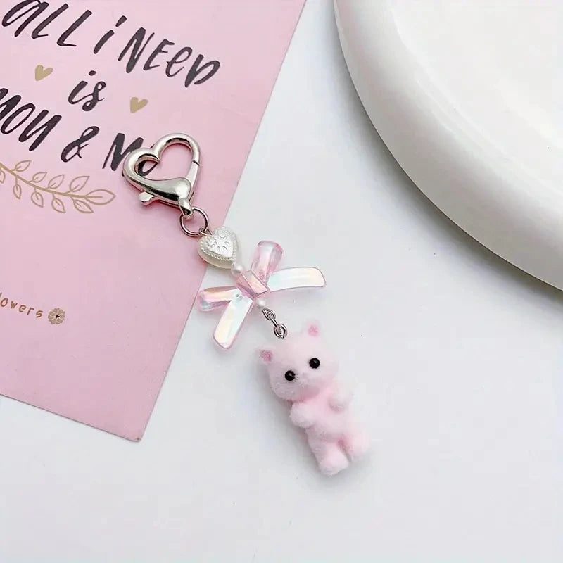 Cute Fuzzy Kitty Cat Heart Bow Keychain, Kitten, Kawaii, Pink Bow, Pearl Heart