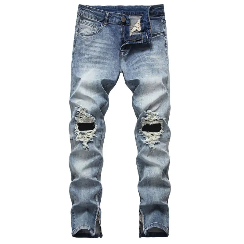 Men's Stretch Denim Zipper Ripped Jeans Trousers