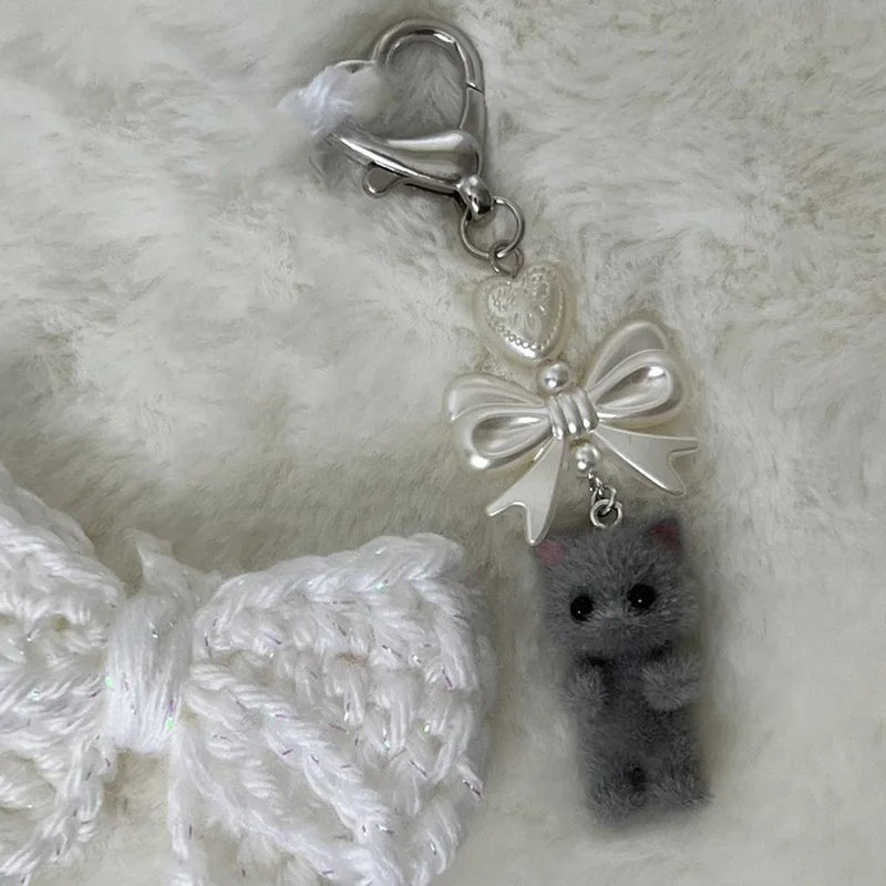 Cute Fuzzy Kitty Cat Heart Bow Keychain, Kitten, Kawaii, Pink Bow, Pearl Heart