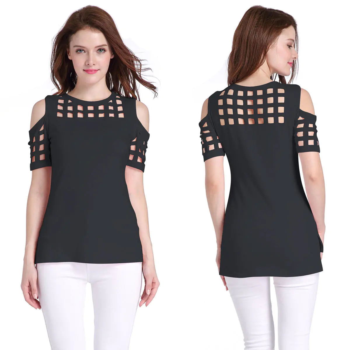 Checked Off-Shoulder Short Sleeve Fitted T-Shirt