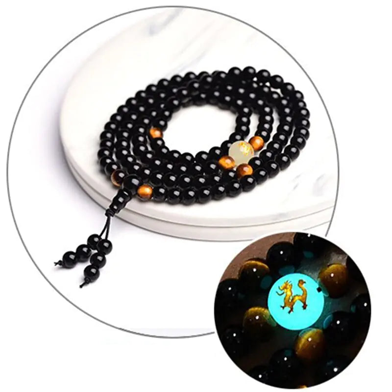 Black Stone Bracelet with Luminous Beads and Glass Pearls
