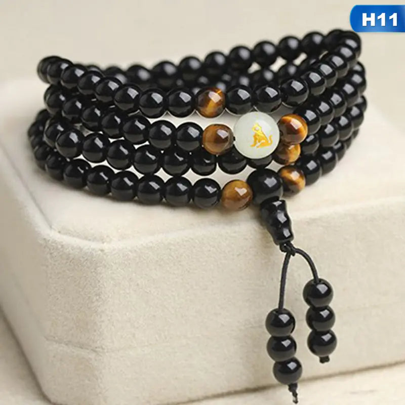 Black Stone Bracelet with Luminous Beads and Glass Pearls