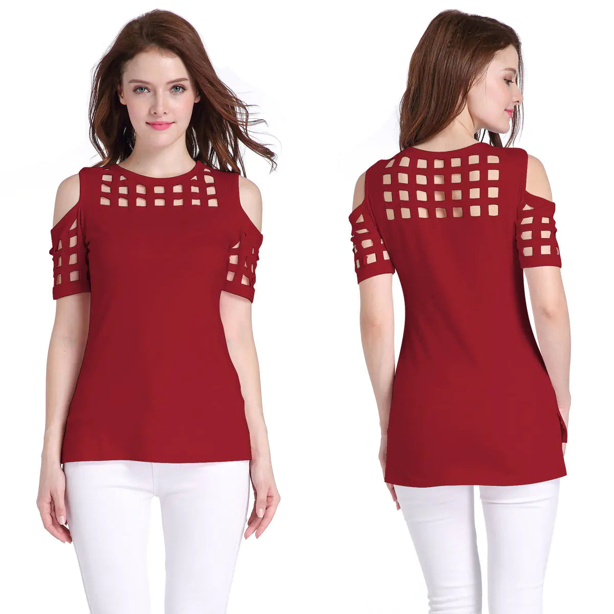 Checked Off-Shoulder Short Sleeve Fitted T-Shirt