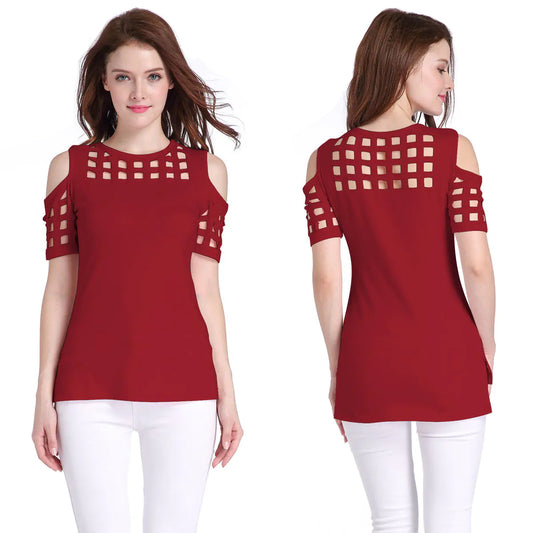 Checked Off-Shoulder Short Sleeve Fitted T-Shirt