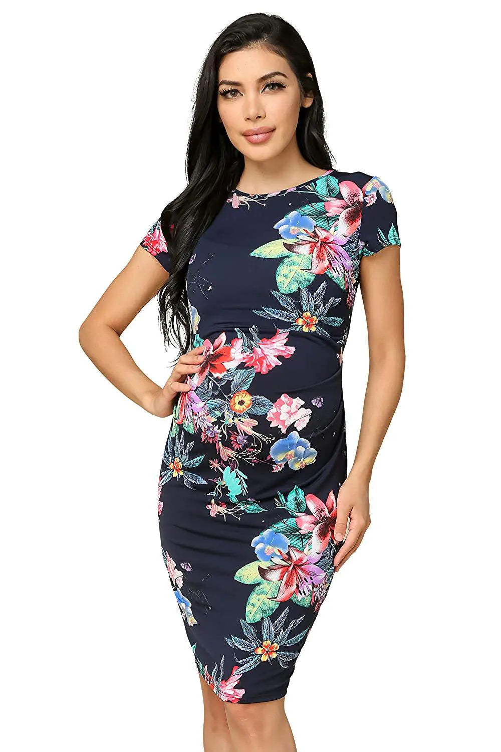 Round Neck Short Sleeve Pleated Print Maternity Dress