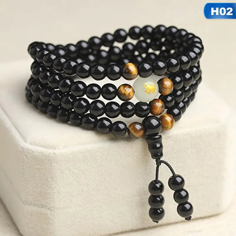 Black Stone Bracelet with Luminous Beads and Glass Pearls