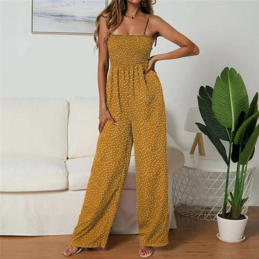 Women Bowknot Sleeveless Jumpsuit Summer Strap Backless Wide Leg Pants Trousers Jumpsuits Beach Polka Dot Suit Pants