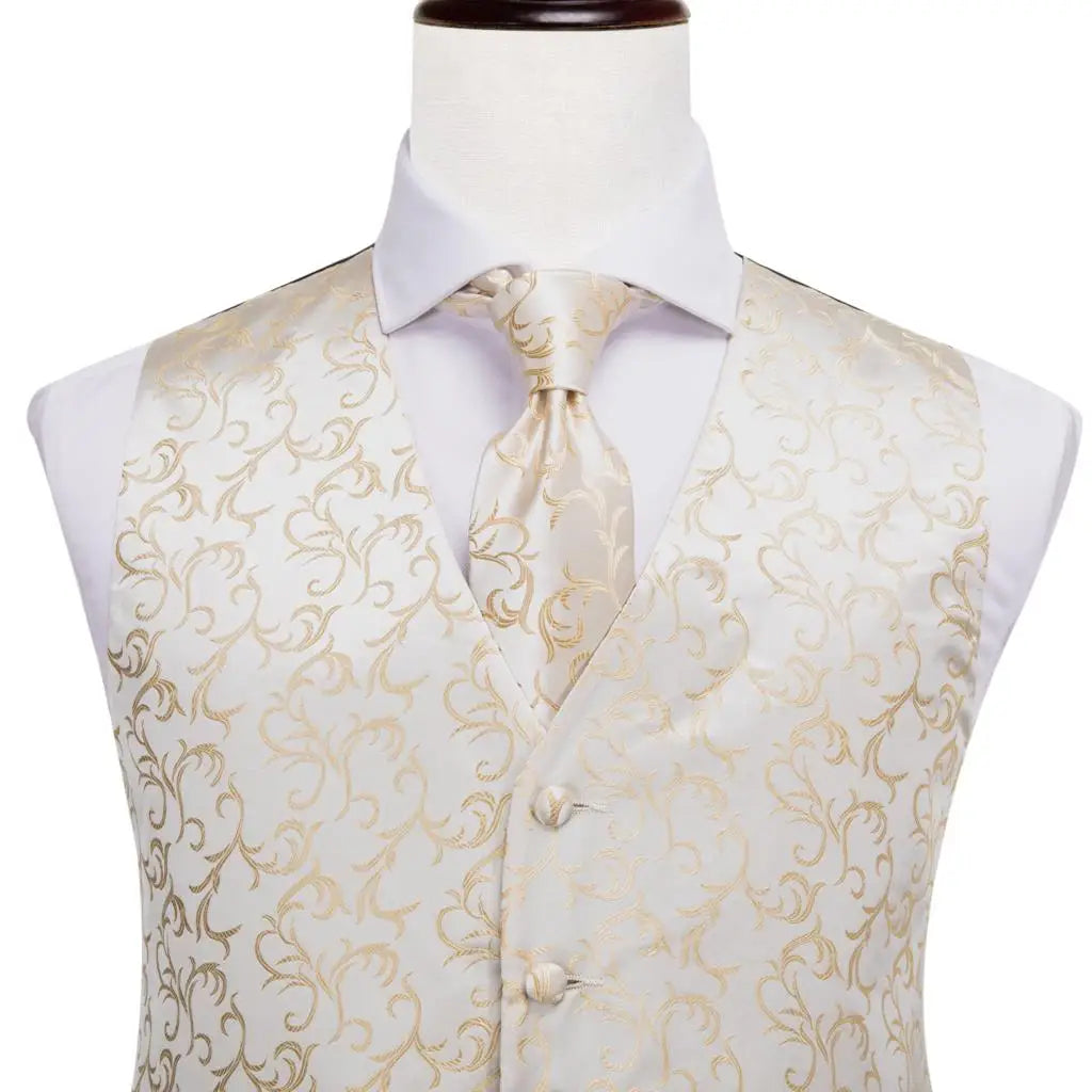 Hi-Tie Silk Ivory Beige Champagne Gold Mens Vests Tie Hankerchief Cufflinks Set Jacquard Vine Waistcoat for Men Suit Dress