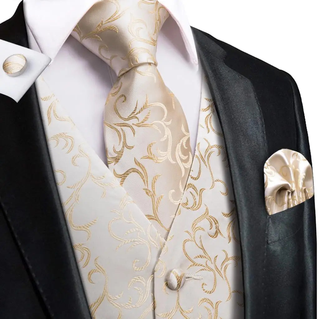 Hi-Tie Silk Ivory Beige Champagne Gold Mens Vests Tie Hankerchief Cufflinks Set Jacquard Vine Waistcoat for Men Suit Dress