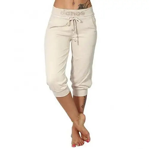 Women 3/4 Casual Solid Color Low Rise Drawstring Pants