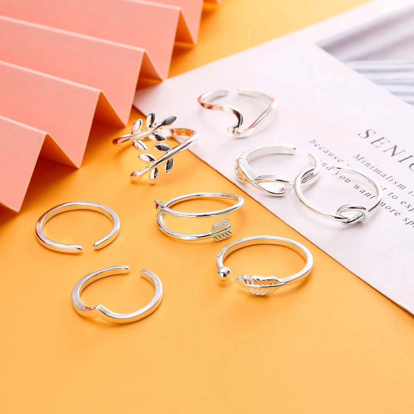 8PCS Toe Ring Stainless Steel Adjustable Summer Beach Arrow Knot Wave Rings Stackable Thumb Rings Hawaiian Foot Jewelry