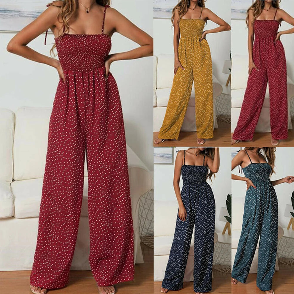 Women Bowknot Sleeveless Jumpsuit Summer Strap Backless Wide Leg Pants Trousers Jumpsuits Beach Polka Dot Suit Pants