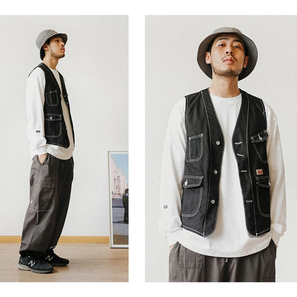 Multi Pocket Cargo Vest Mens Safari Style Photography Vests Streetwear Sleeveless Jacket for Men