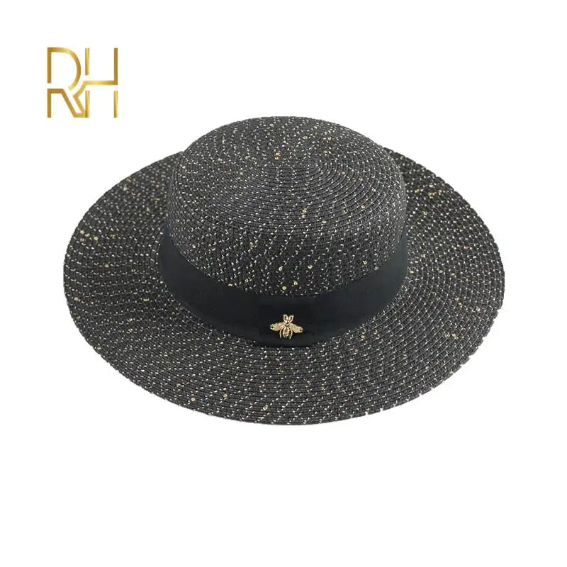 Ladies Sun Fedora Hats Small Bee Shiny Straw Hat European American Retro Gold Braided Female Sunshade Flat Sequins Hat