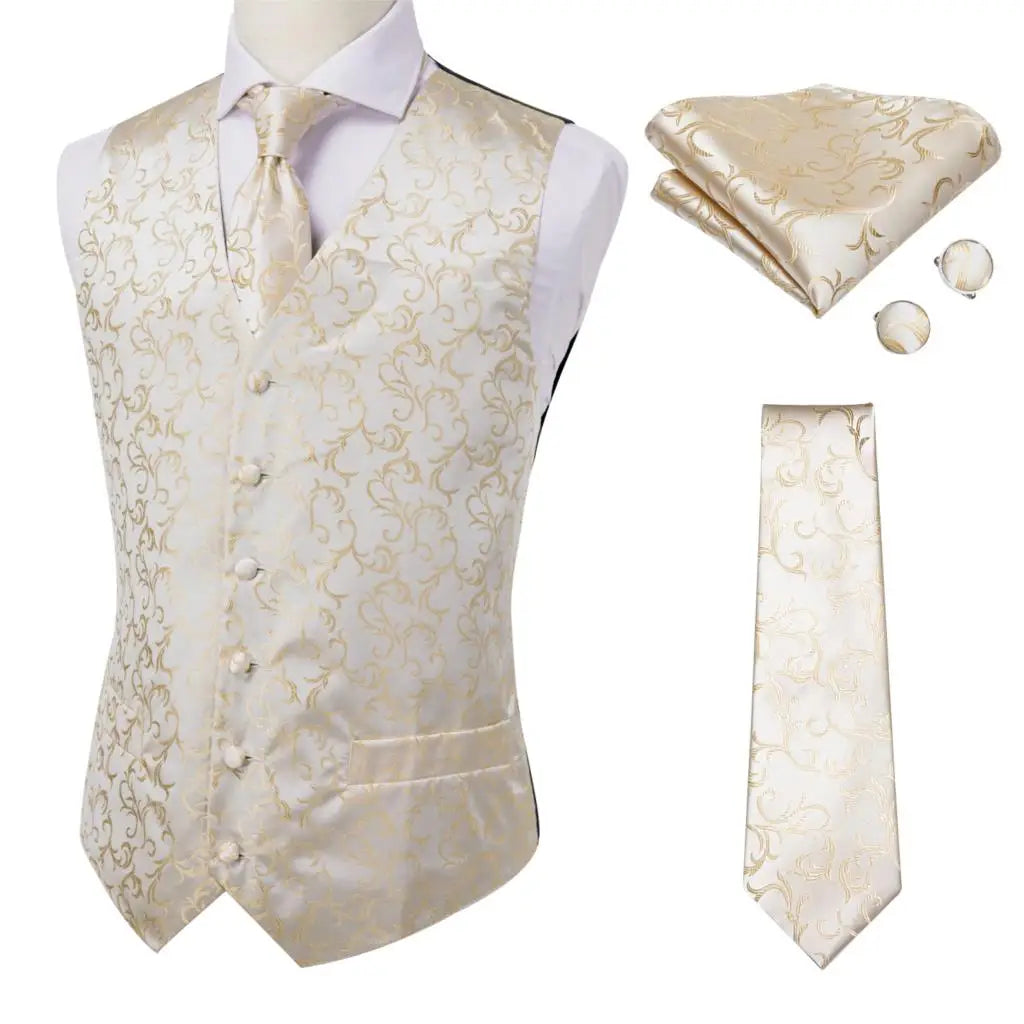 Hi-Tie Silk Ivory Beige Champagne Gold Mens Vests Tie Hankerchief Cufflinks Set Jacquard Vine Waistcoat for Men Suit Dress