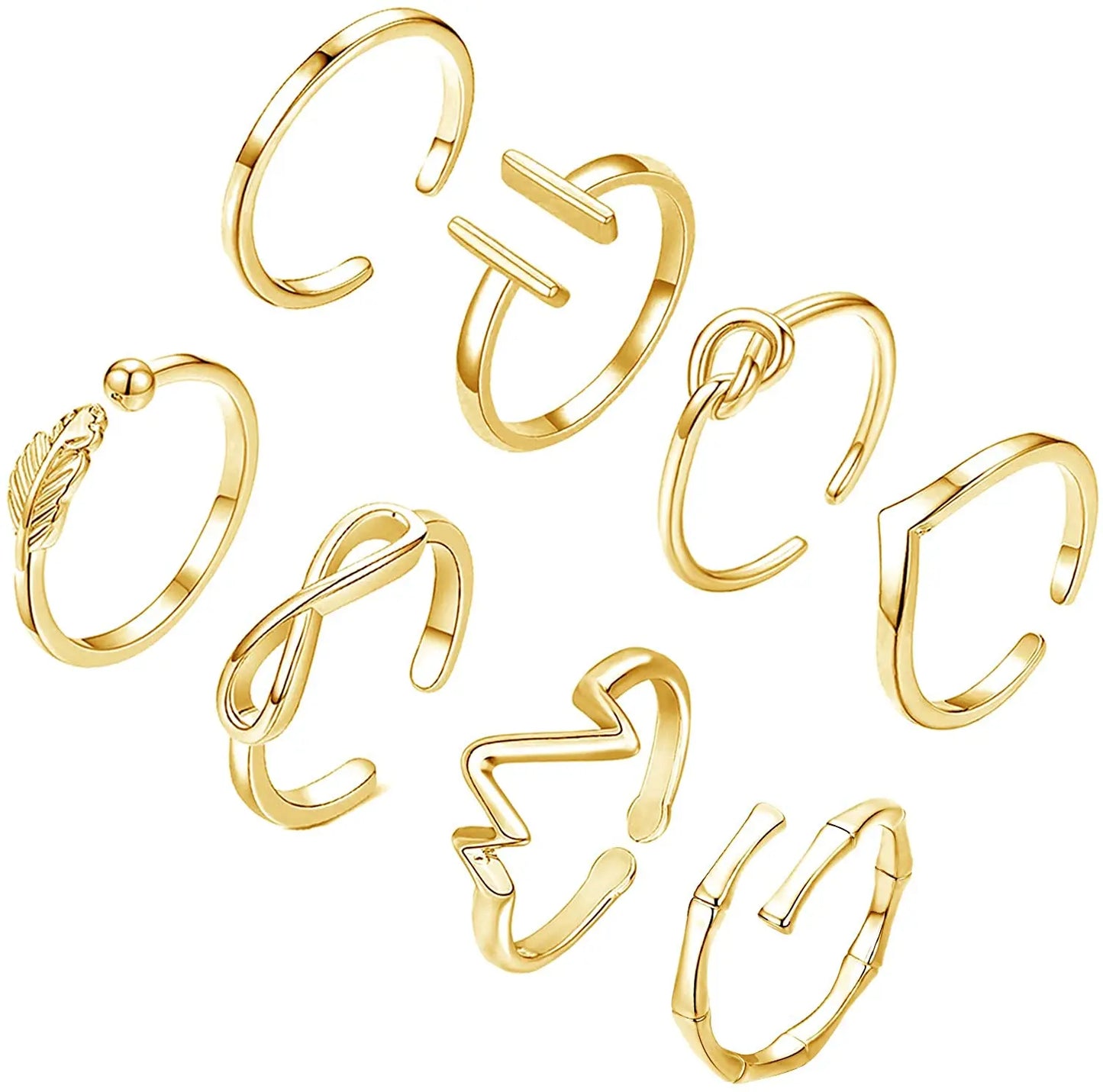 8PCS Toe Ring Stainless Steel Adjustable Summer Beach Arrow Knot Wave Rings Stackable Thumb Rings Hawaiian Foot Jewelry