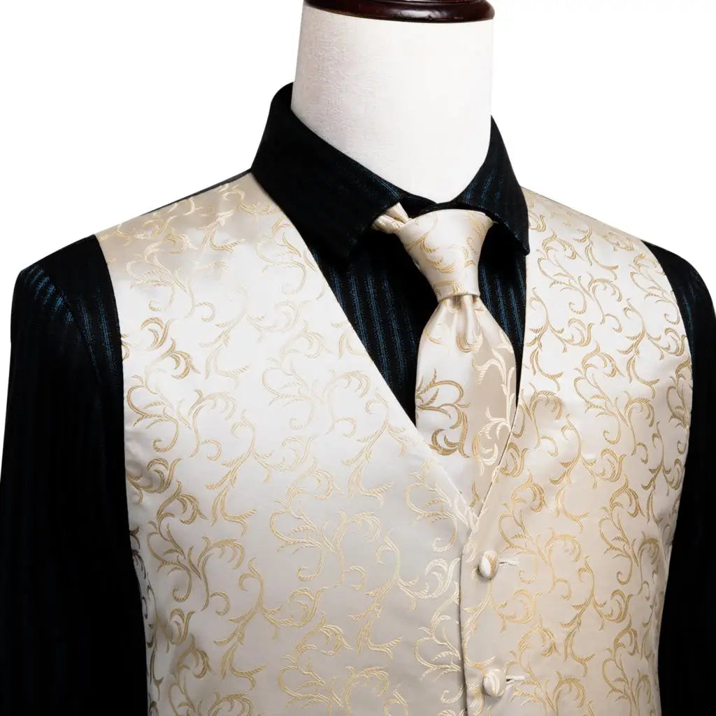 Hi-Tie Silk Ivory Beige Champagne Gold Mens Vests Tie Hankerchief Cufflinks Set Jacquard Vine Waistcoat for Men Suit Dress