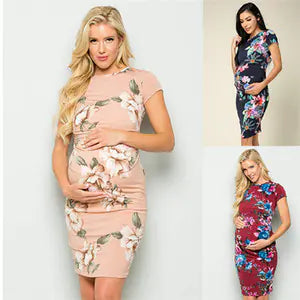 Round Neck Short Sleeve Pleated Print Maternity Dress