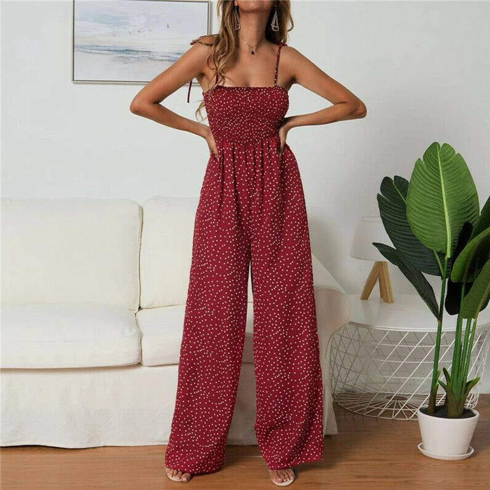 Women Bowknot Sleeveless Jumpsuit Summer Strap Backless Wide Leg Pants Trousers Jumpsuits Beach Polka Dot Suit Pants