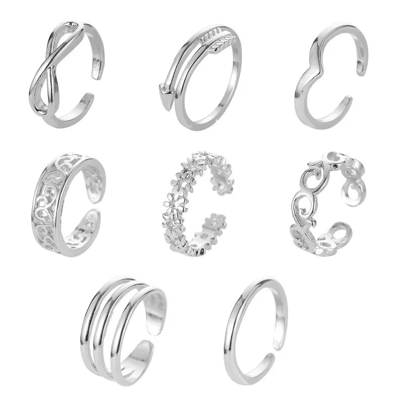 8PCS Toe Ring Stainless Steel Adjustable Summer Beach Arrow Knot Wave Rings Stackable Thumb Rings Hawaiian Foot Jewelry