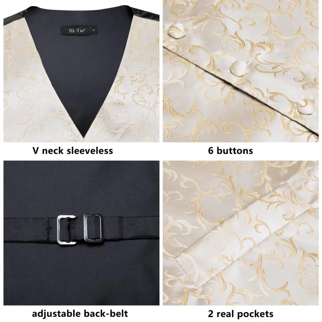 Hi-Tie Silk Ivory Beige Champagne Gold Mens Vests Tie Hankerchief Cufflinks Set Jacquard Vine Waistcoat for Men Suit Dress