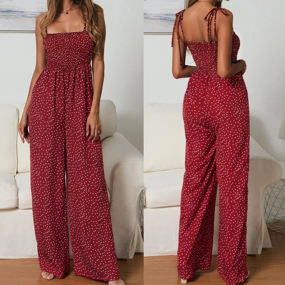 Women Bowknot Sleeveless Jumpsuit Summer Strap Backless Wide Leg Pants Trousers Jumpsuits Beach Polka Dot Suit Pants
