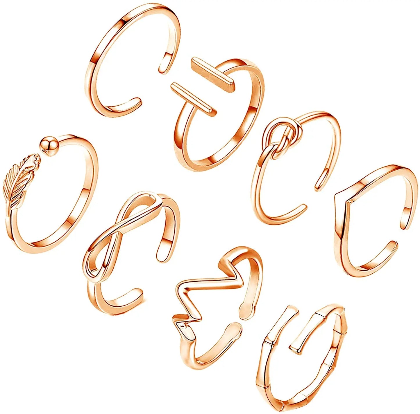 8PCS Toe Ring Stainless Steel Adjustable Summer Beach Arrow Knot Wave Rings Stackable Thumb Rings Hawaiian Foot Jewelry