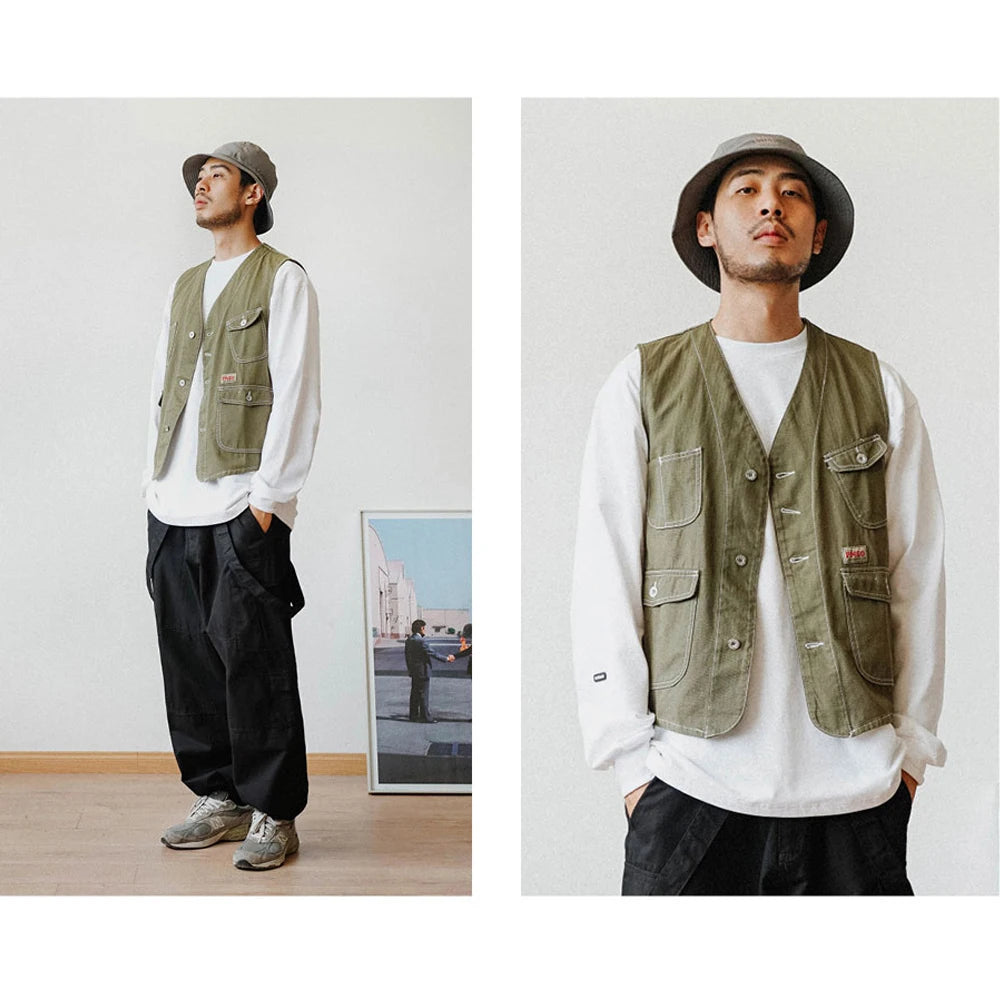 Multi Pocket Cargo Vest Mens Safari Style Photography Vests Streetwear Sleeveless Jacket for Men