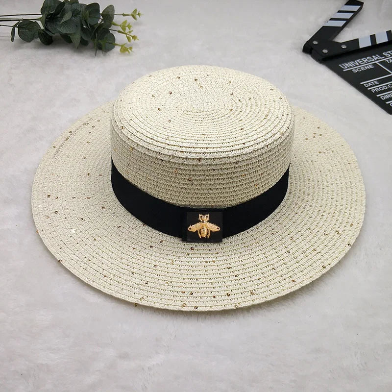 Ladies Sun Fedora Hats Small Bee Shiny Straw Hat European American Retro Gold Braided Female Sunshade Flat Sequins Hat