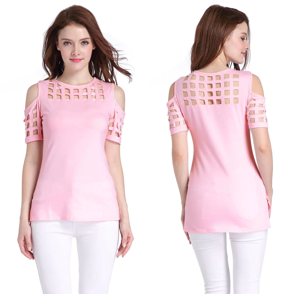 Checked Off-Shoulder Short Sleeve Fitted T-Shirt