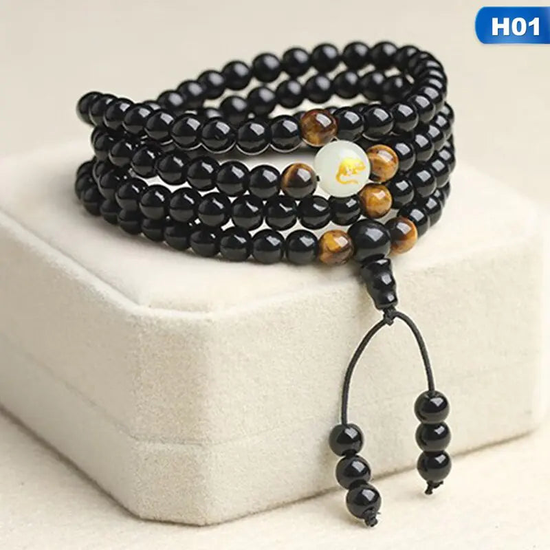 Black Stone Bracelet with Luminous Beads and Glass Pearls