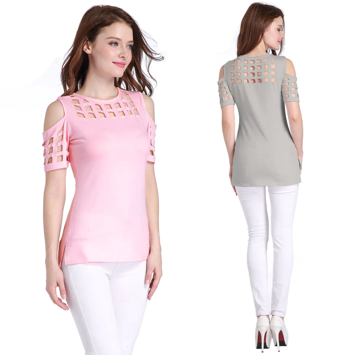 Checked Off-Shoulder Short Sleeve Fitted T-Shirt