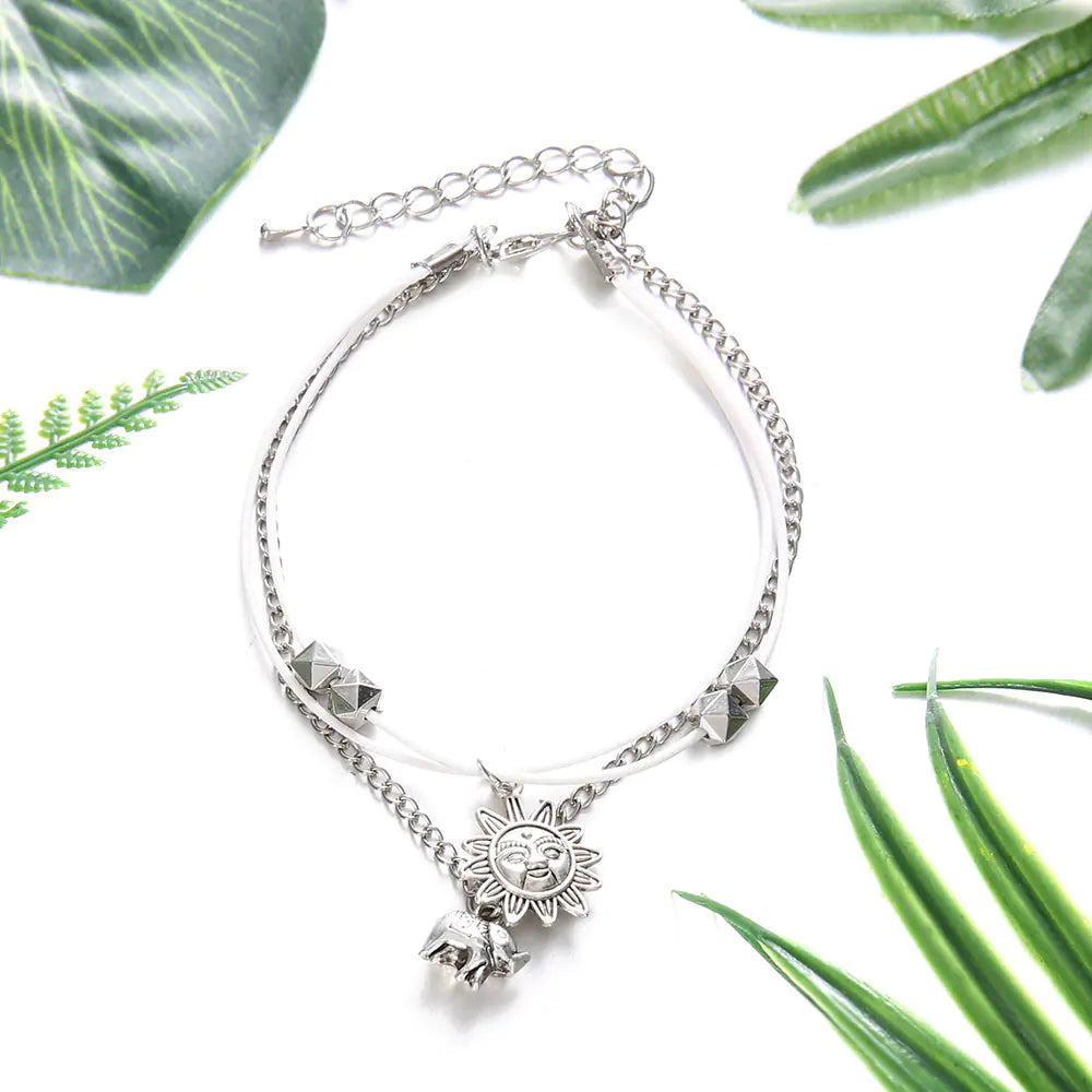 Bohemian Alloy Elephant Sun Three-Layer Beaded Anklet