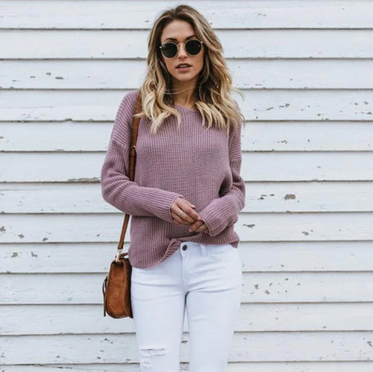 Solid Color Knit Sweater with Long Batwing Sleeves