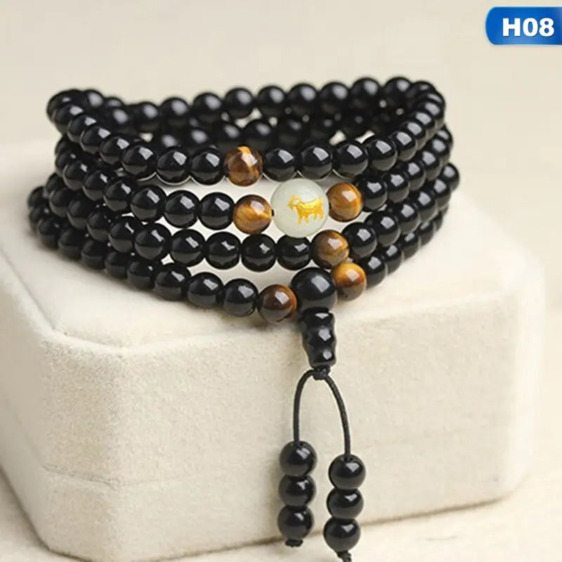 Black Stone Bracelet with Luminous Beads and Glass Pearls