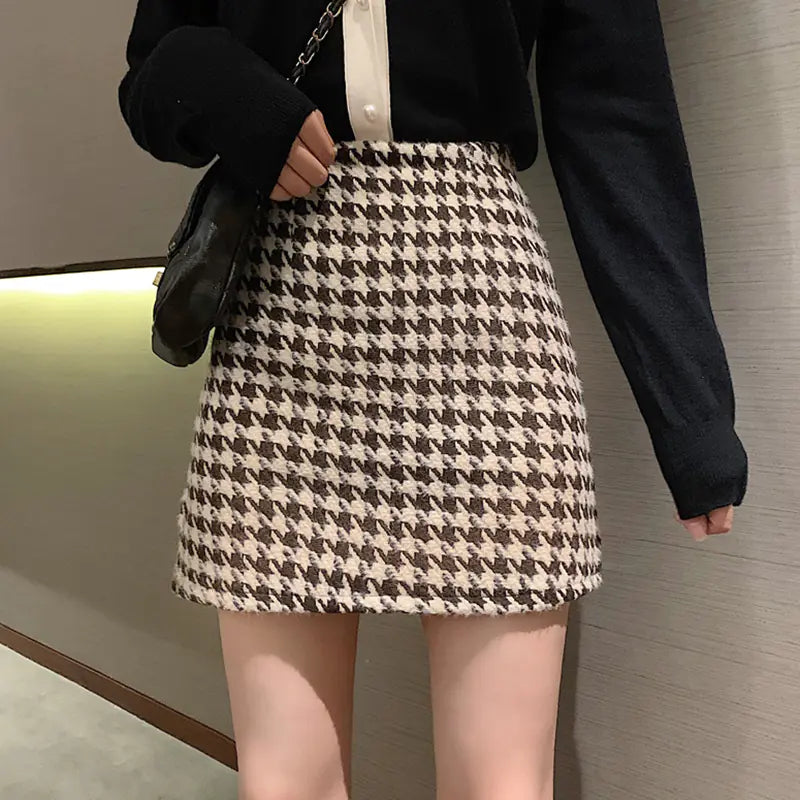 Houndstooth Check A-line Woolen Skirt for Women