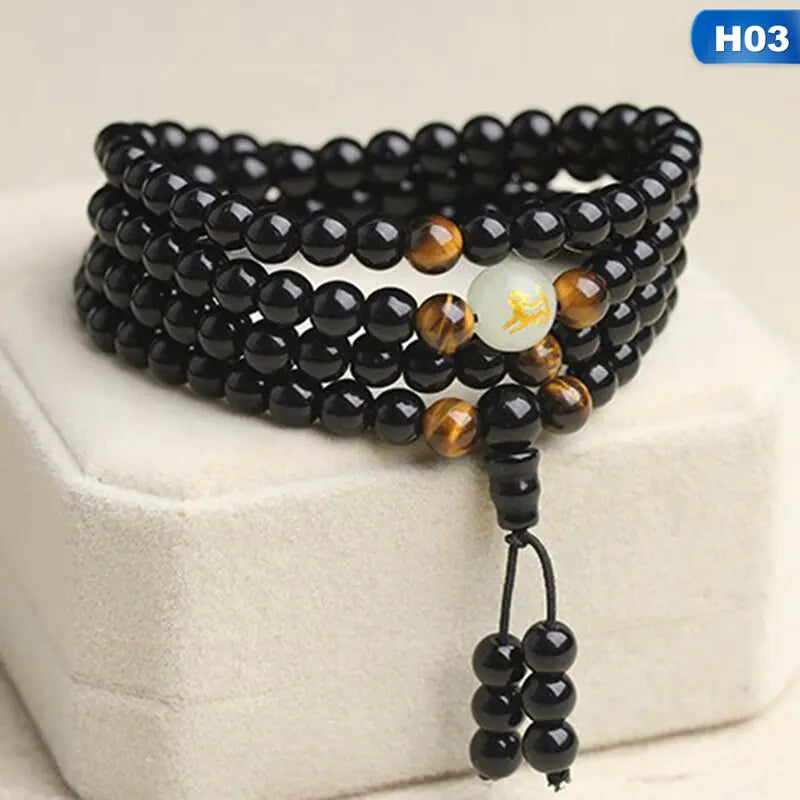 Black Stone Bracelet with Luminous Beads and Glass Pearls