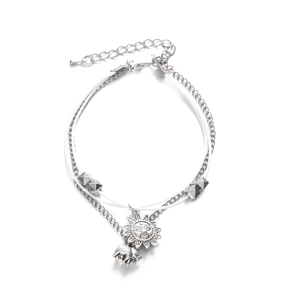 Bohemian Alloy Elephant Sun Three-Layer Beaded Anklet