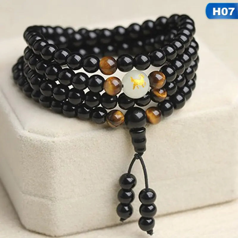 Black Stone Bracelet with Luminous Beads and Glass Pearls