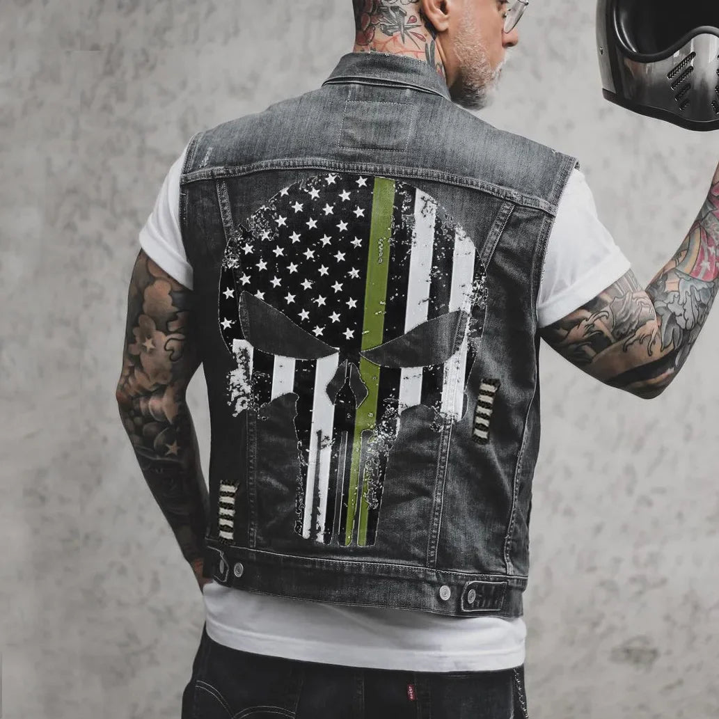 Skull Jean Jacket Men Motorcycle Denim Vest Large Size Spring Summer Streetwear Waistcoat Available 6XL Lugentolo